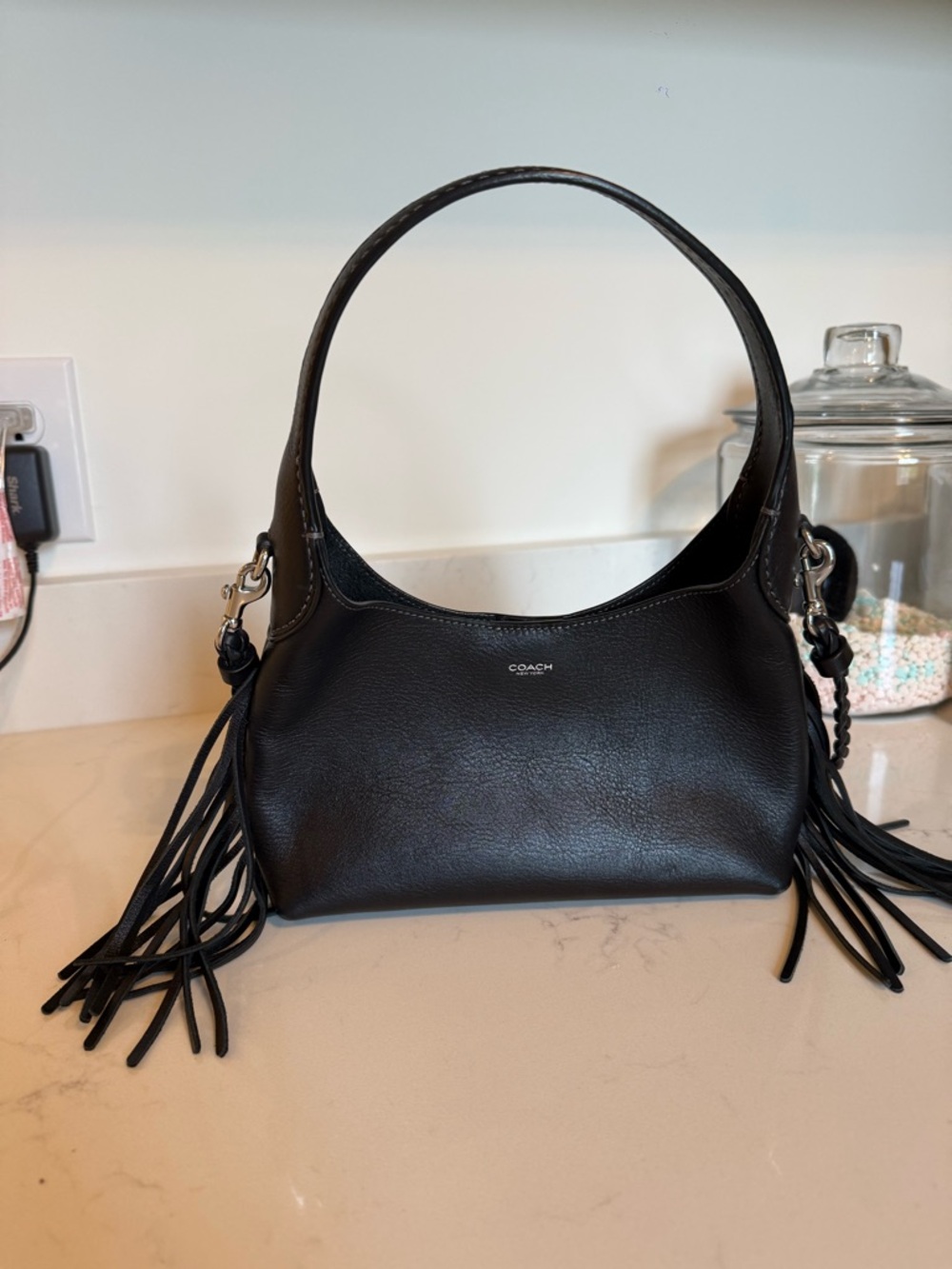 Coach Black Leather Shoulder Bag with Fringe Tassels